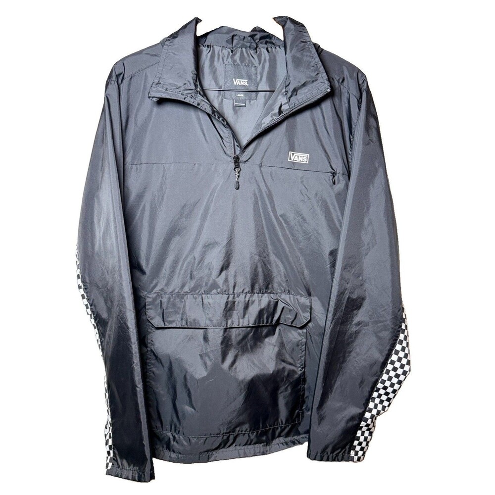 Vans Mens L Black Anorak Windbreaker Jacket Checkerboard Side Panels Pullover